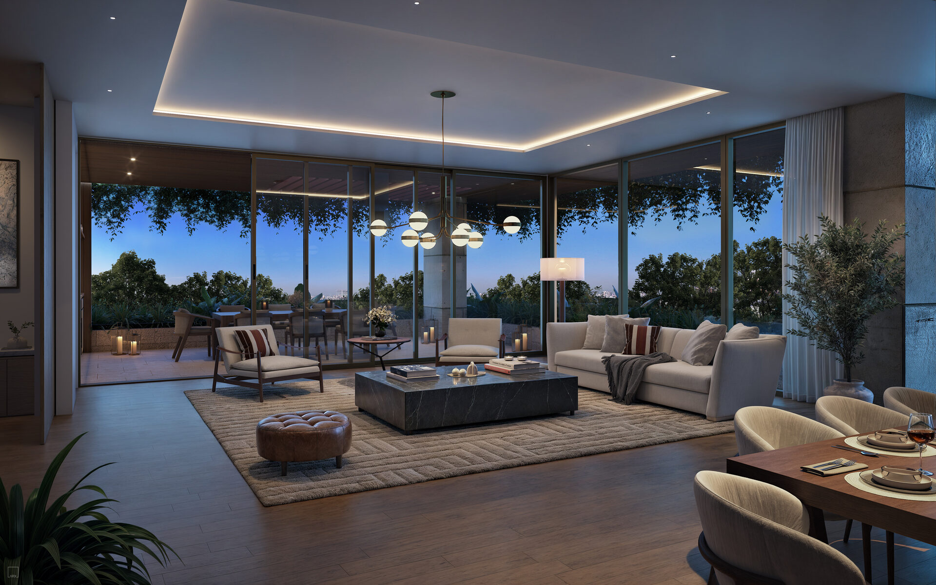 Light-filled living room with park views
